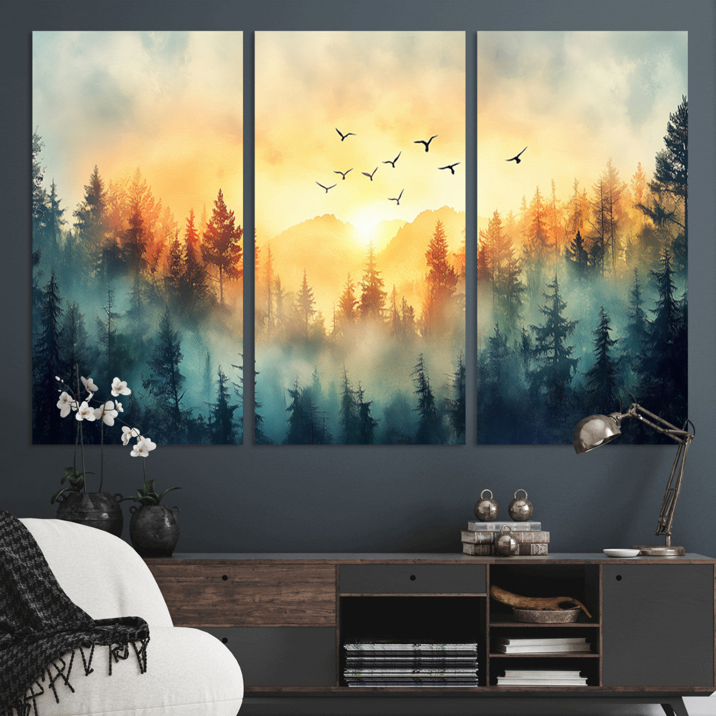 MGV-CV-48X32-3P - Abstract Forest Wall Art Print- Serene Nature Canvas Print with Misty Forest Design for Modern Home