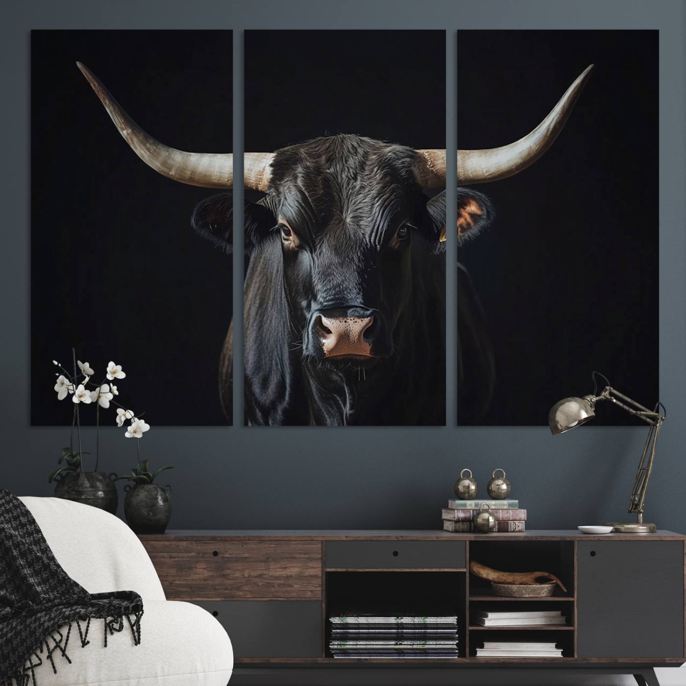 Canvas of a black longhorn bull against a dark background, featuring moody tones and western character for rustic or cowboy-inspired spaces.