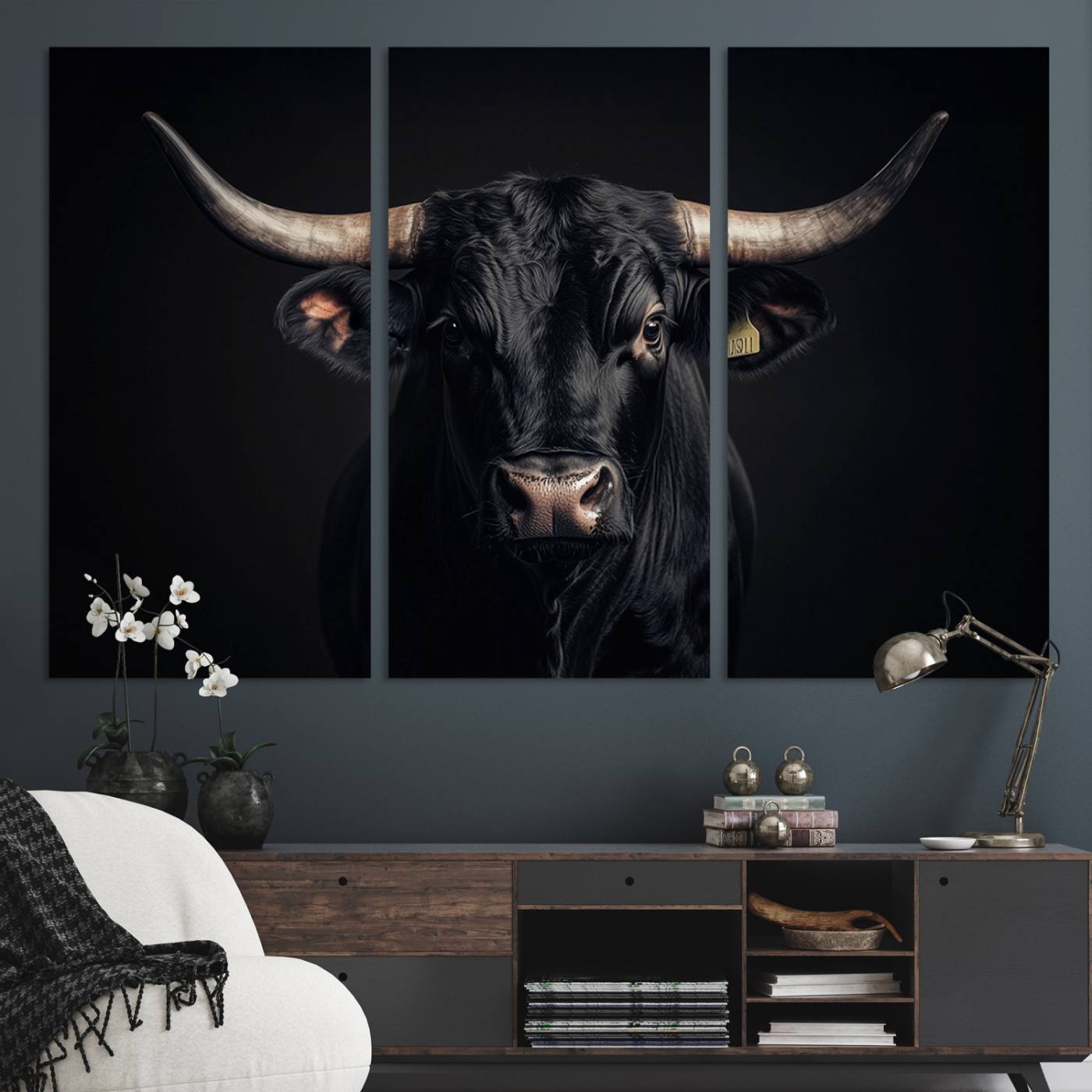 Canvas featuring a black horned bull in moody lighting on a dark background, perfect for western or rustic farmhouse-style home decor.