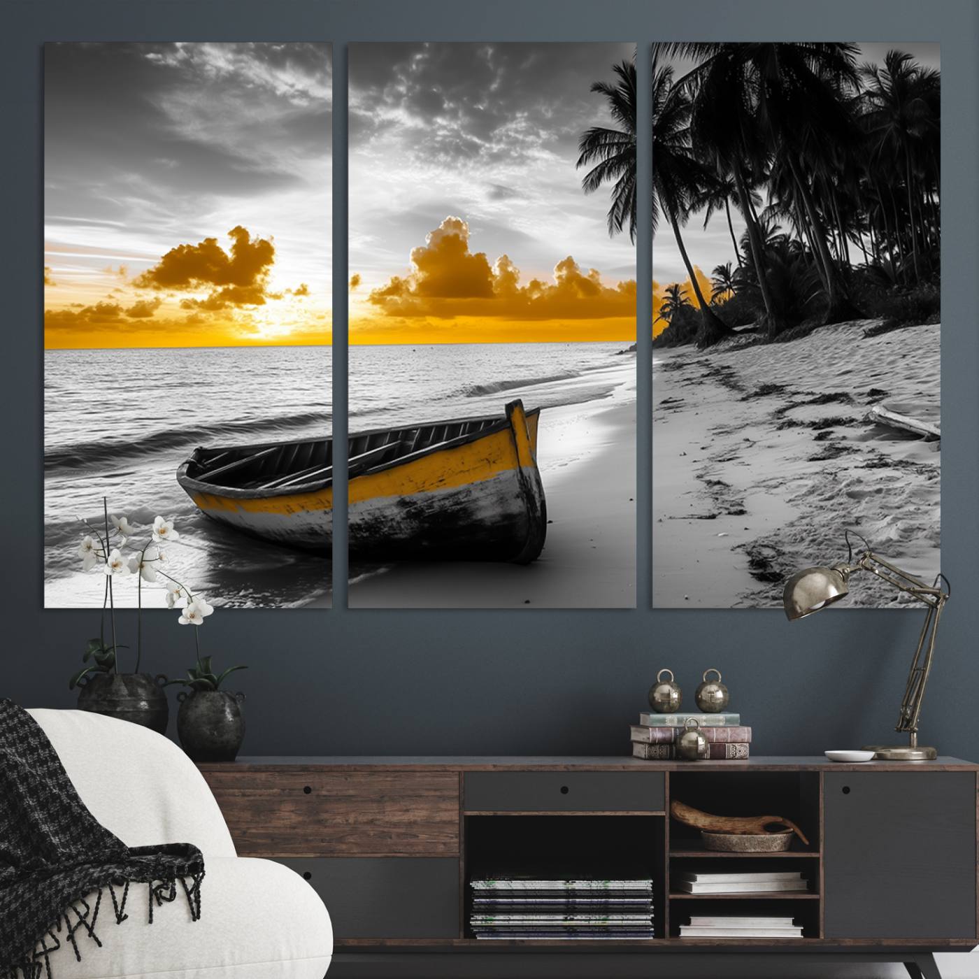 Canvas of a yellow rowboat on a black and white tropical beach with golden sunset sky, ideal for coastal or tropical-themed home decor.