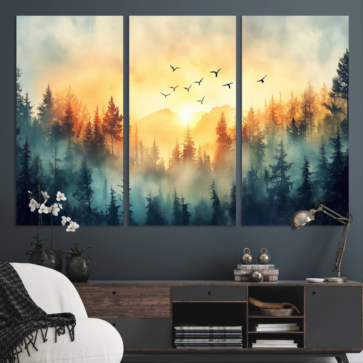 Canvas of a misty pine forest at sunrise with golden light and birds flying across the sky, perfect for tranquil nature-themed wall decor.