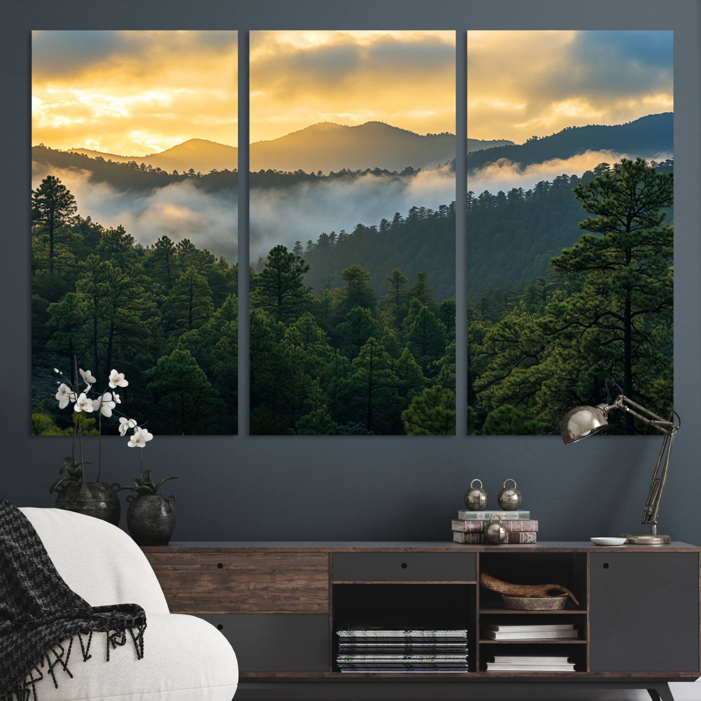 Canvas of misty pine-covered mountains at sunrise, featuring golden light and fog layers, ideal for tranquil earthy home decor.
