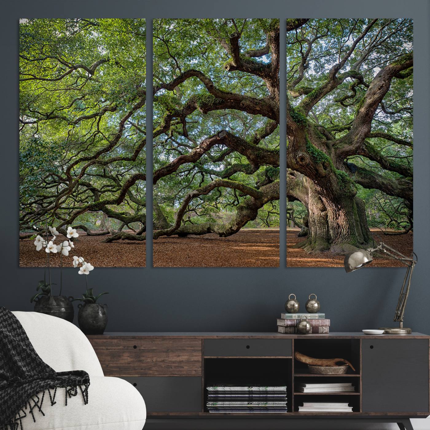 Canvas of the Angel Oak tree with sprawling limbs and mossy bark, ideal for earthy natural or rustic southern-inspired decor.
