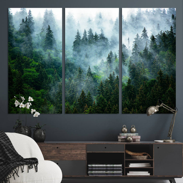 Misty Forest Art Wall Art Canvas Print, Foggy Mountain Art Print, Framed Scenic Wall Print Art Print, Large Woodland Canvas Printing Perfect for  Decor