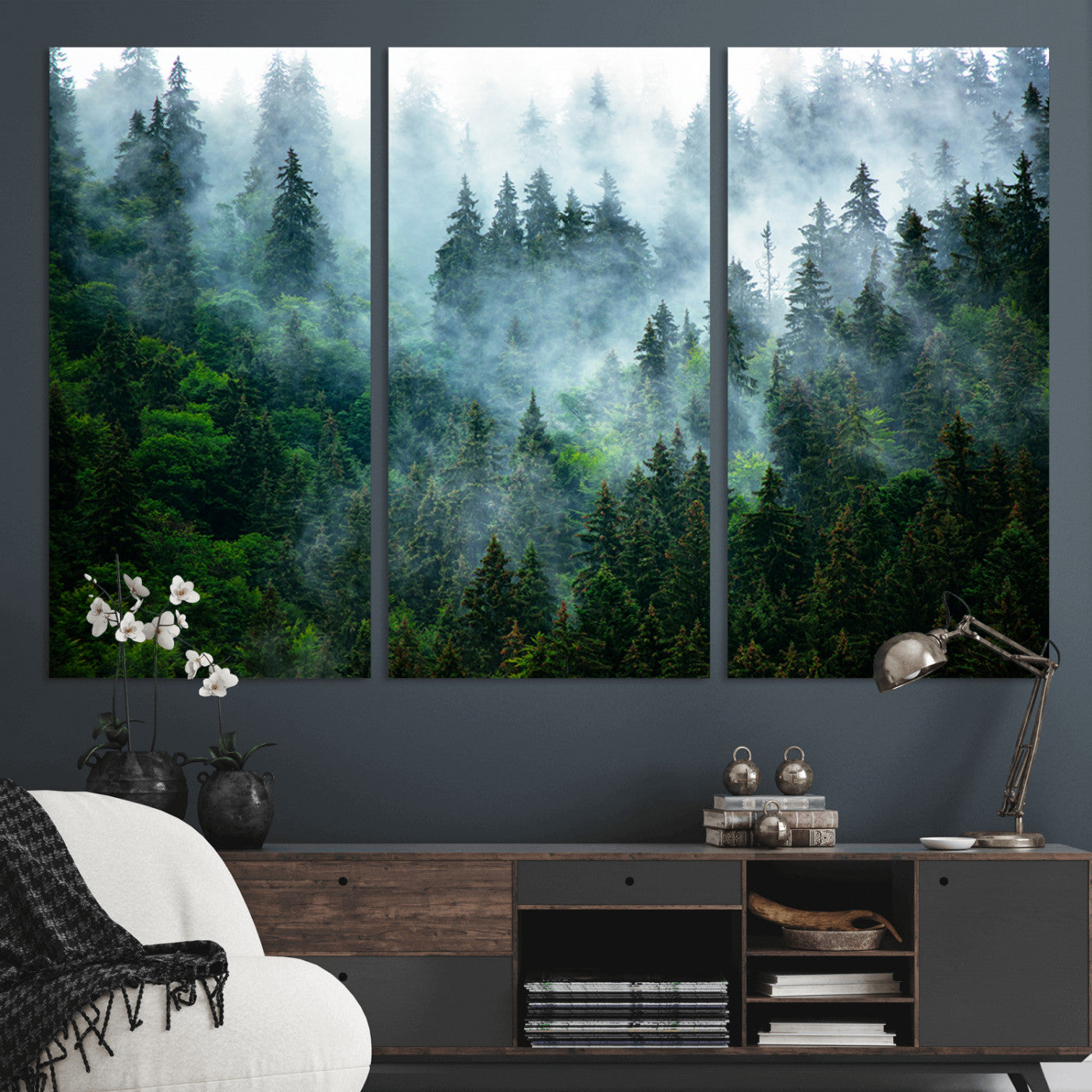 MGV-CV-48X32-3P - Misty Forest Art Wall Art Canvas Print, Framed Foggy Mountain Art Art Picture Print, Scenic Wall