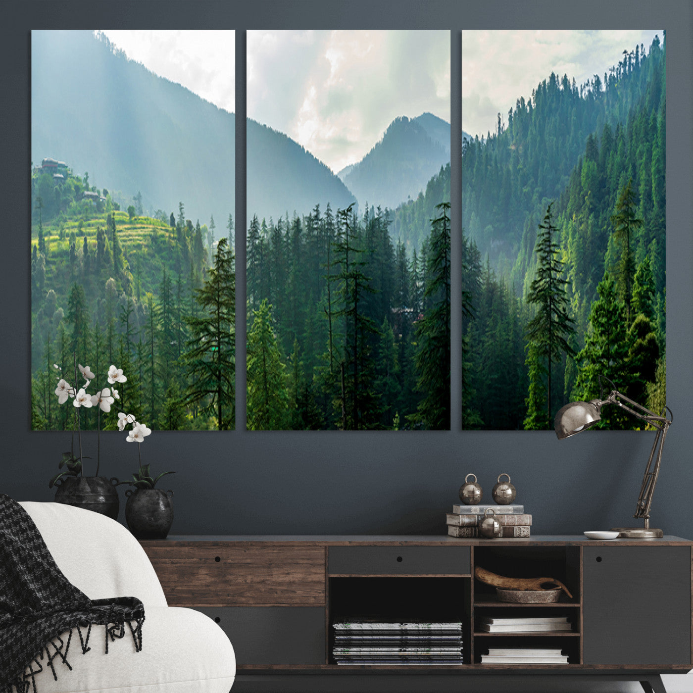 MGV-CV-48X32-3P - Misty Forest Mountain Canvas Print – Serene Nature Wall Art, Tranquil Valley