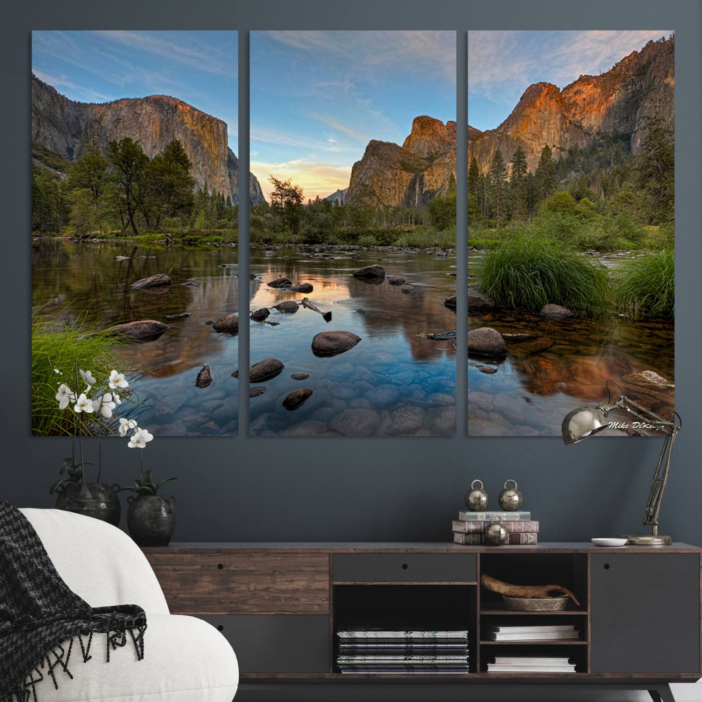Canvas of Yosemite Valley with El Capitan and sunset reflections in a calm river, perfect for rustic or nature-themed décor.