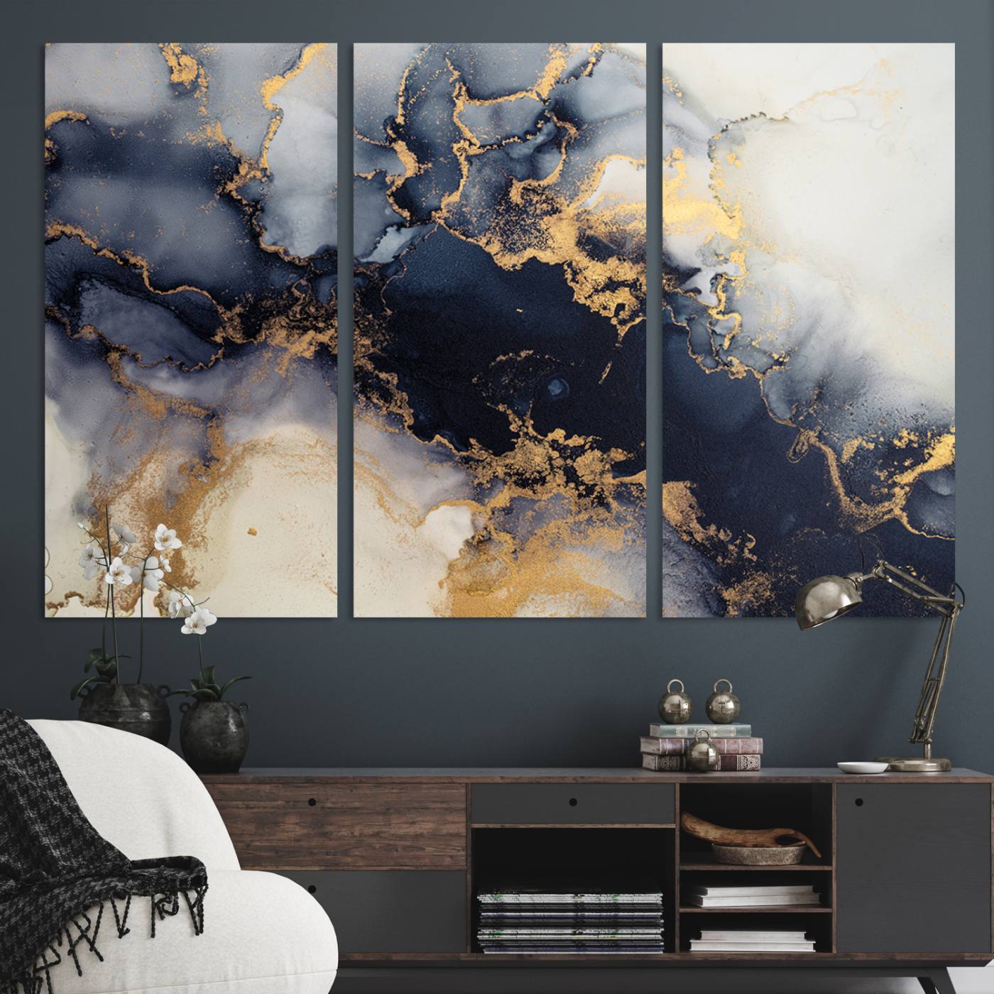 Luxurious abstract canvas in black and gold with moody fluid textures and smoky patterns, perfect for dramatic modern interiors.