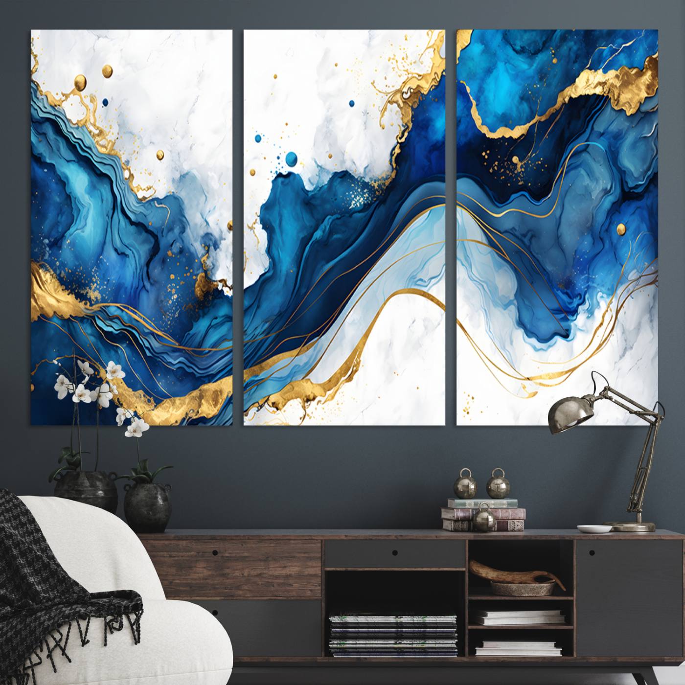 Elegant abstract canvas in cobalt blue and gold tones, featuring marble waves and fluid motion, ideal for luxe interior styling.