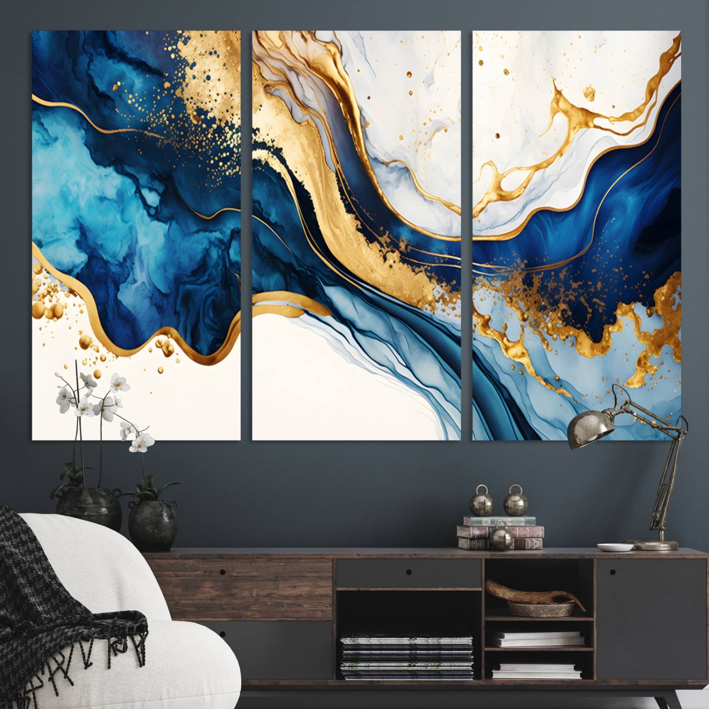 Canvas artwork with fluid blue and gold marbling, perfect for modern luxe or elegant abstract home decor styles.
