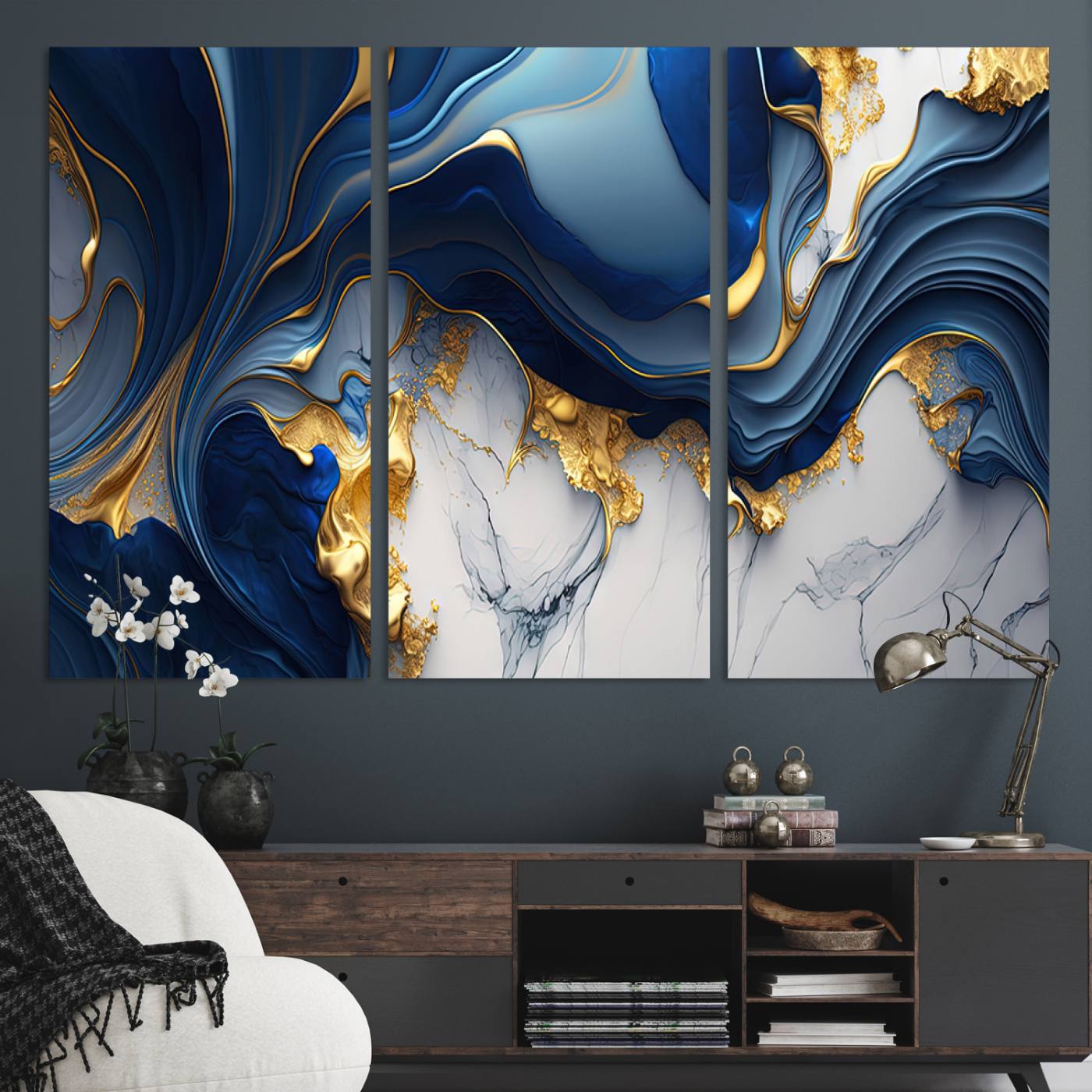 Canvas art with swirling blue marble and gold textures, ideal for elegant glam or modern luxury interior design settings.