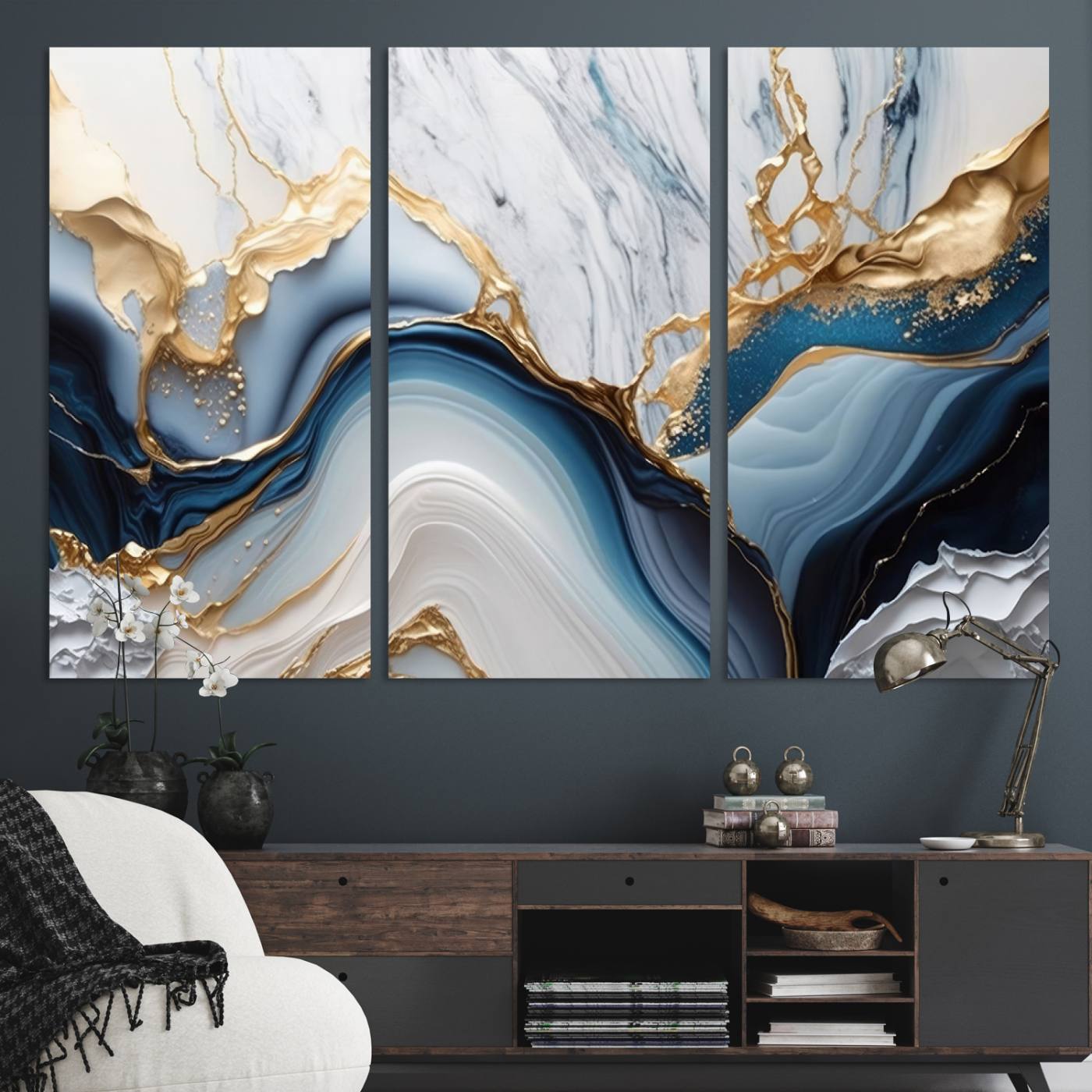 Abstract canvas with blue marble textures and flowing gold veins, ideal for modern luxury or coastal-inspired interior decor.