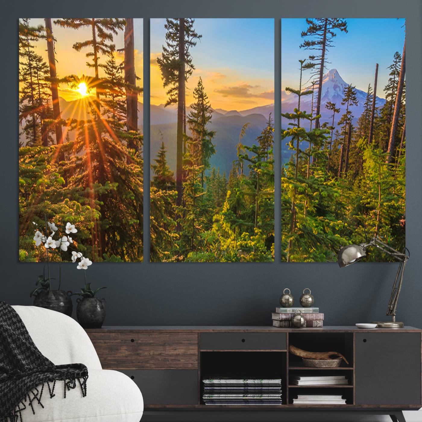 83544043-MGV-CV-36X24-Forest Sunset Wall Art Canvas Print, Framed Sunset Trees Art Picture Print, Green Pines Perfect Rustic Nature Decor