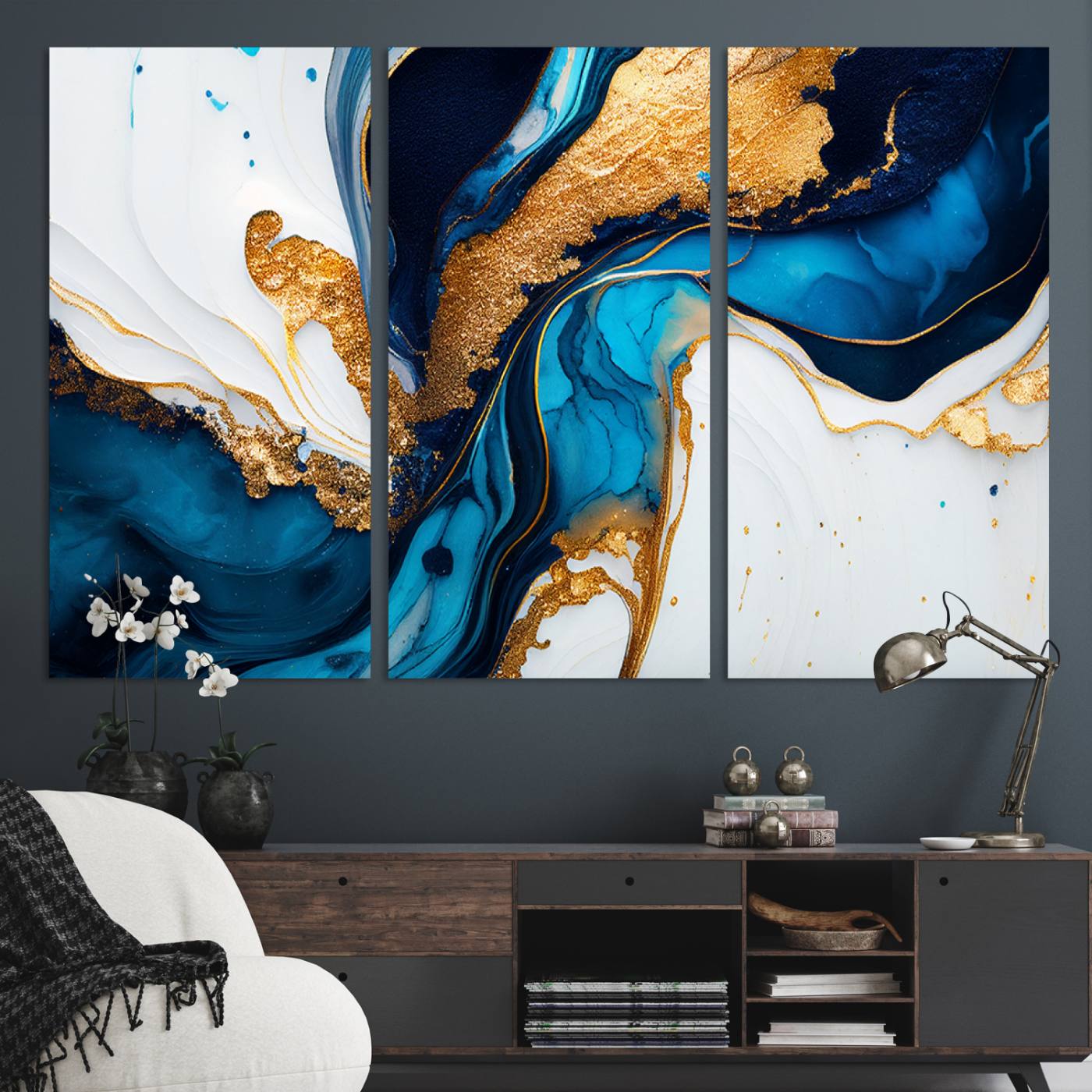 Luxurious abstract canvas in gold, navy, and teal tones with fluid marble patterns, perfect for modern glam or upscale interiors.