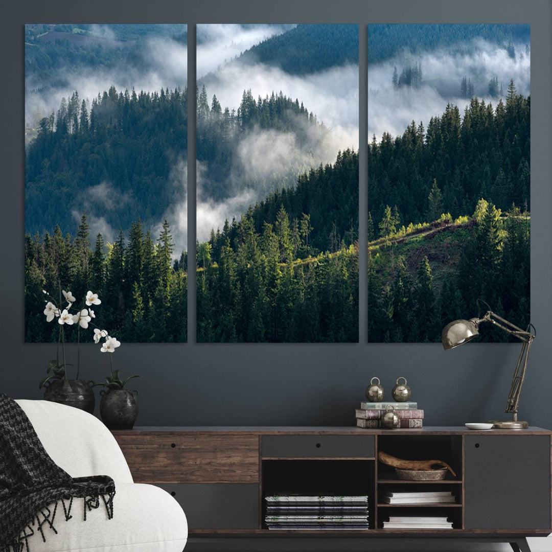 Moody canvas of misty pine forests over layered hills, perfect for cool-toned nature-inspired or woodland-style home decor.