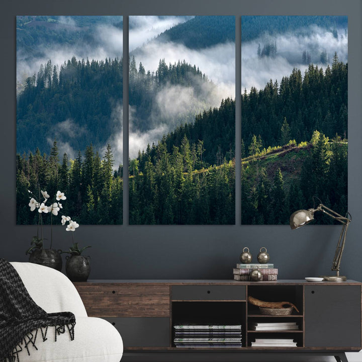 Moody canvas of misty pine forests over layered hills, perfect for cool-toned nature-inspired or woodland-style home decor.