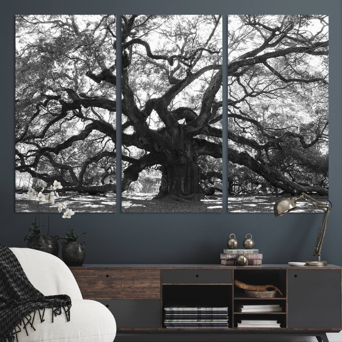 81655611-MGV-CV-36X24-Ancient Oak Wall Art Canvas Print, Framed Twisted Branches Art Picture Print, Gnarled Tree Perfect Moody Nature Decor