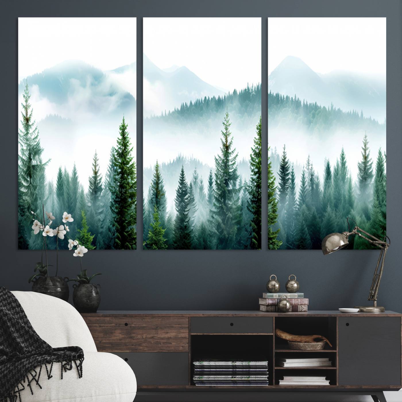 Canvas of pine forest and misty mountain layers in cool tones, perfect for moody forest or serene nature-inspired home decor.