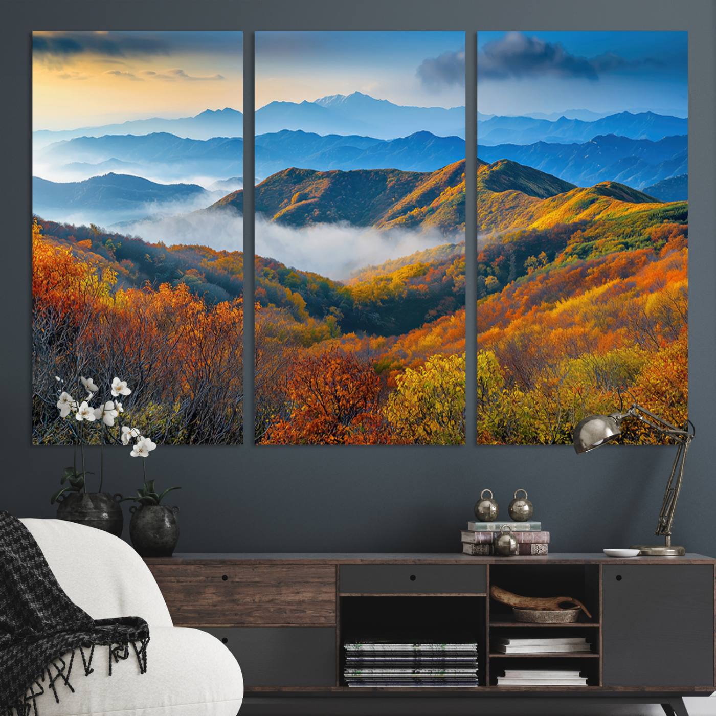 86772247-MGV-CV-36X24-Autumn Mountains Wall Art Canvas Print, Autumn Mountain Foggy Landscape Wall Art Canvas Print, Beautiful Forest Canvas Print