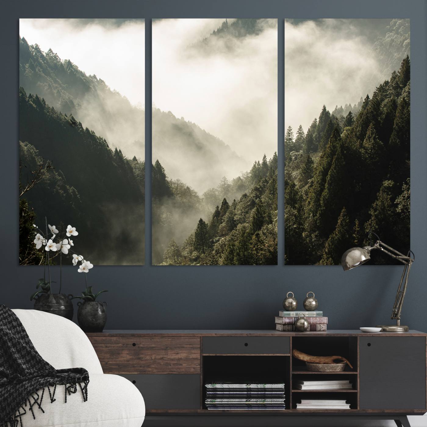 57570237-MGV-CV-36X24-Misty Valley Canvas Print, Framed Foggy Forest Art Picture Print, Pine Trees Perfect Moody Woodland Decor