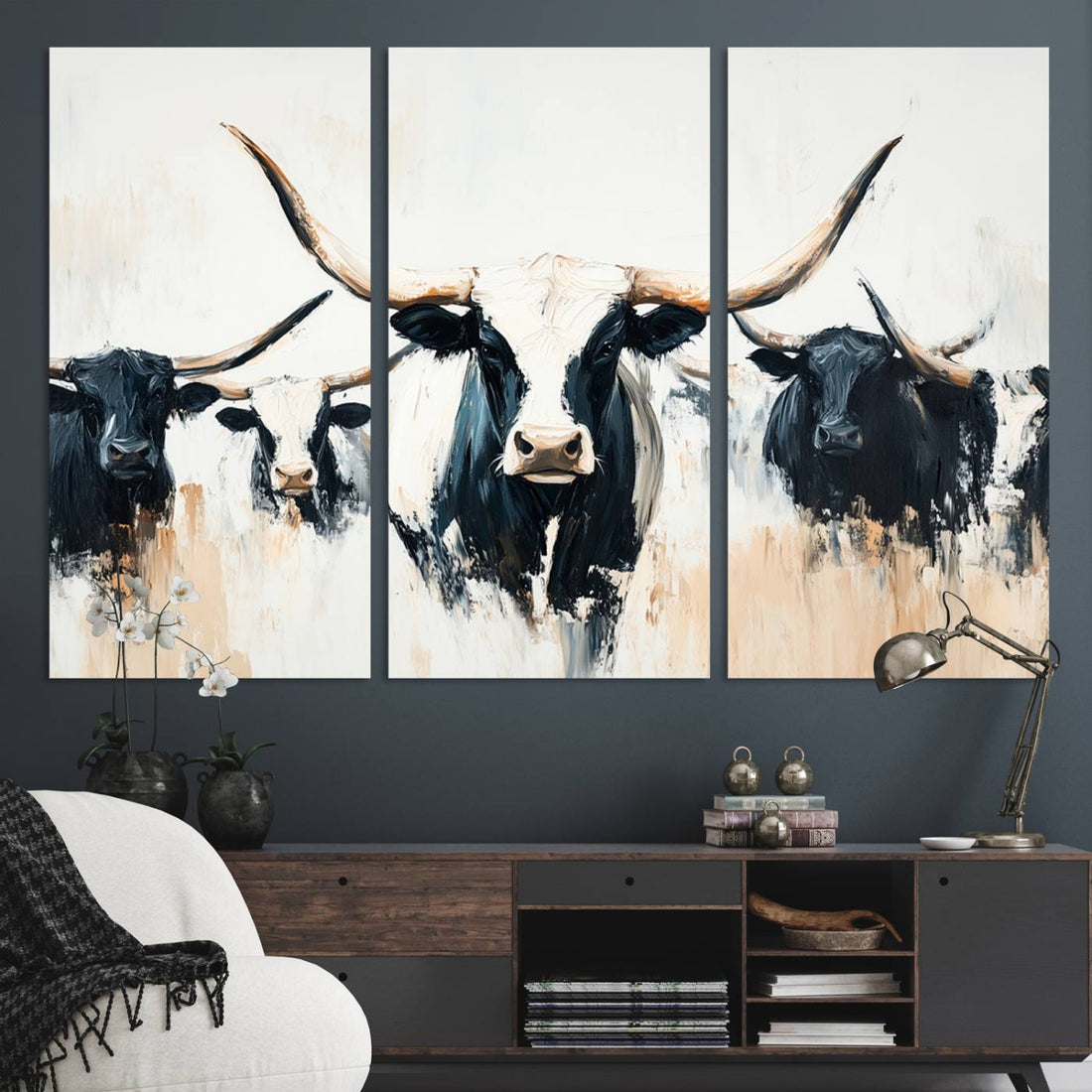 Texas Longhorn Wall Art Canvas Print | Majestic Horned Bull in Black and White