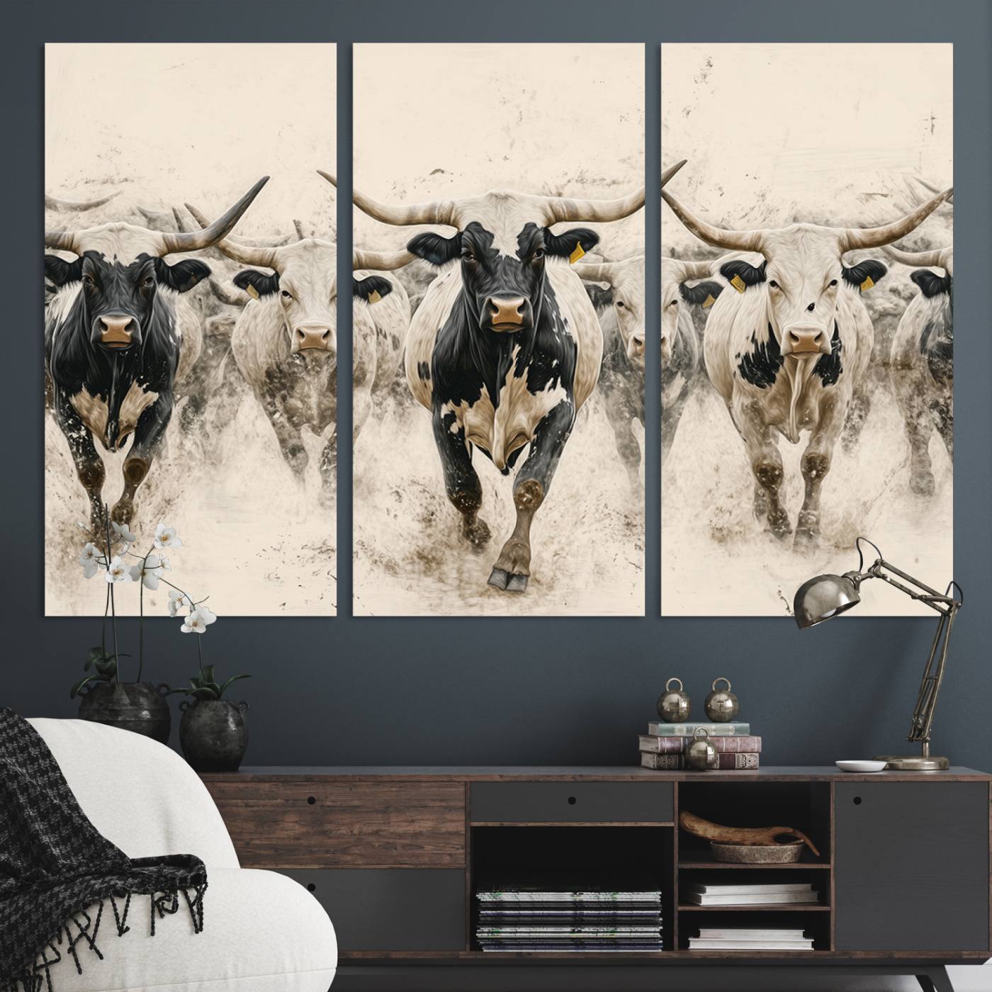 Canvas artwork of Texas Longhorn bulls walking in a dusty herd, ideal for rustic Western or country-style interior decor.