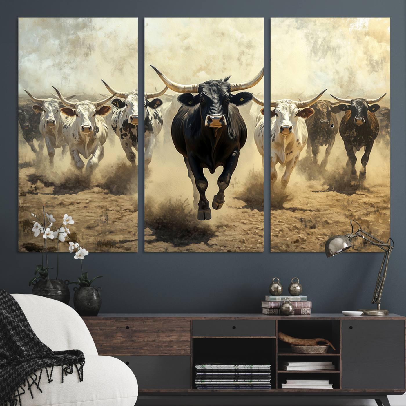 Dynamic canvas showing a Texas Longhorn stampede with earthy tones and bold movement, perfect for rustic or Western-style interiors.