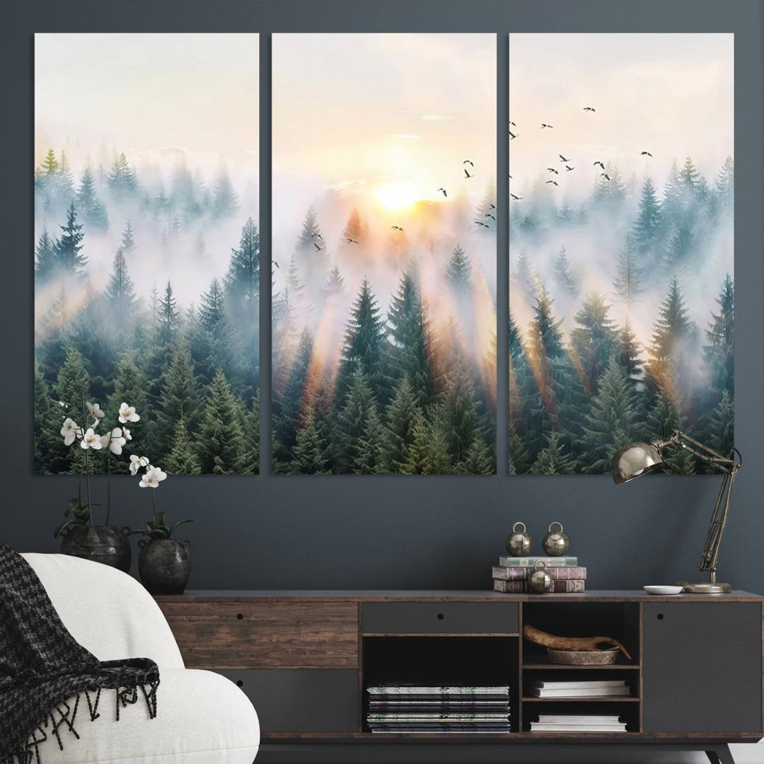 Misty Pine Forest Wall Art: A depiction of sunrise over foggy trees and birds against a bright sky; a framed woodland scene ideal for home or office decor.