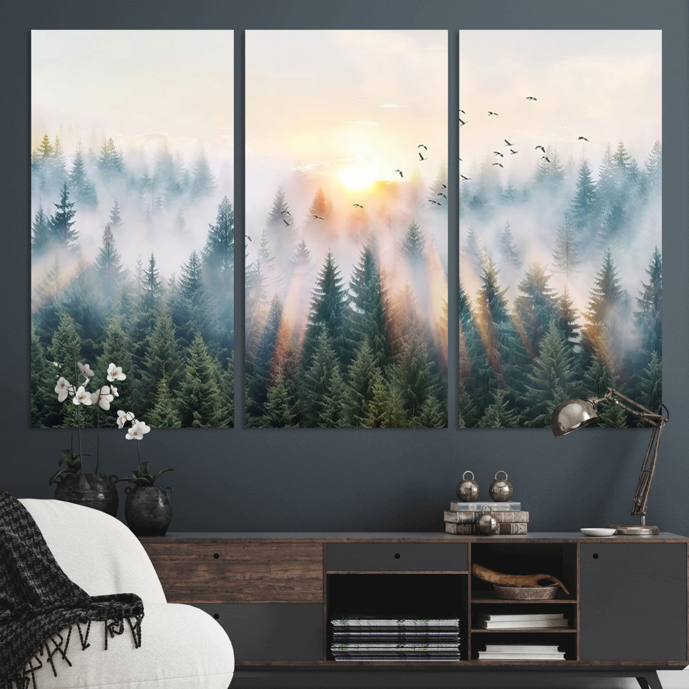 MGV-CV-48X32-3P - Misty Pine Forest Wall Art Canvas, Sunrise Over Foggy Trees Canvas for Home - Office, Framed