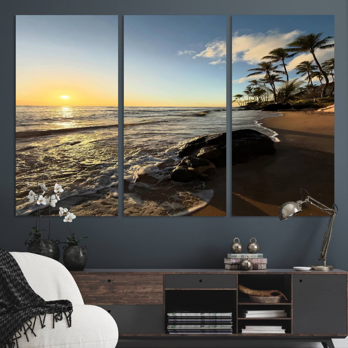 Canvas of a golden sunset on a tropical beach with palm trees and calm waves, perfect for coastal or island-themed home decor.