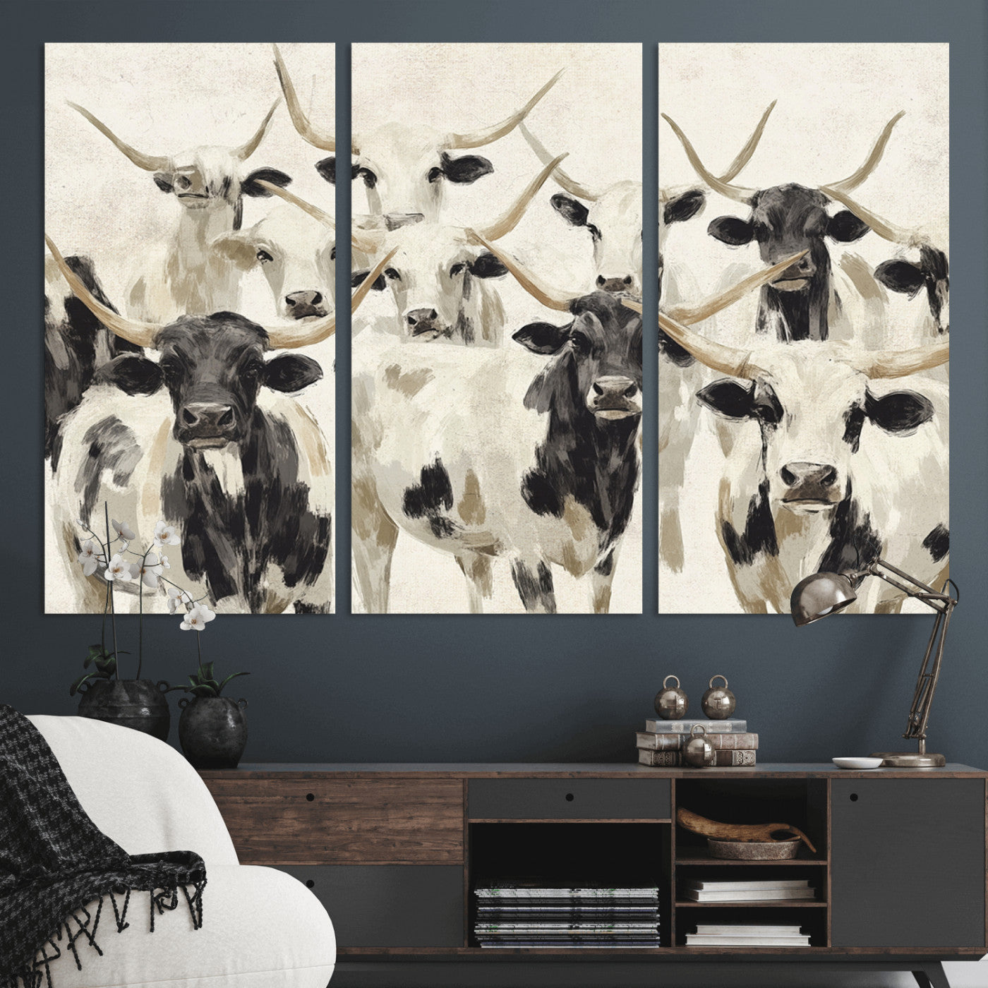 MGV-CV-48X32-3P - Longhorn Texas Cow Drawing Abstract Wall Art Canvas Print for Farmhouse Decor, Texas Bull Printing