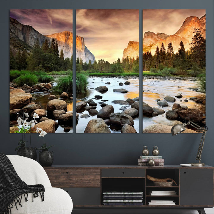 A tranquil riverside sunset mirrors the beauty of a Yosemite wall art masterpiece like the Large El Capitan Print.