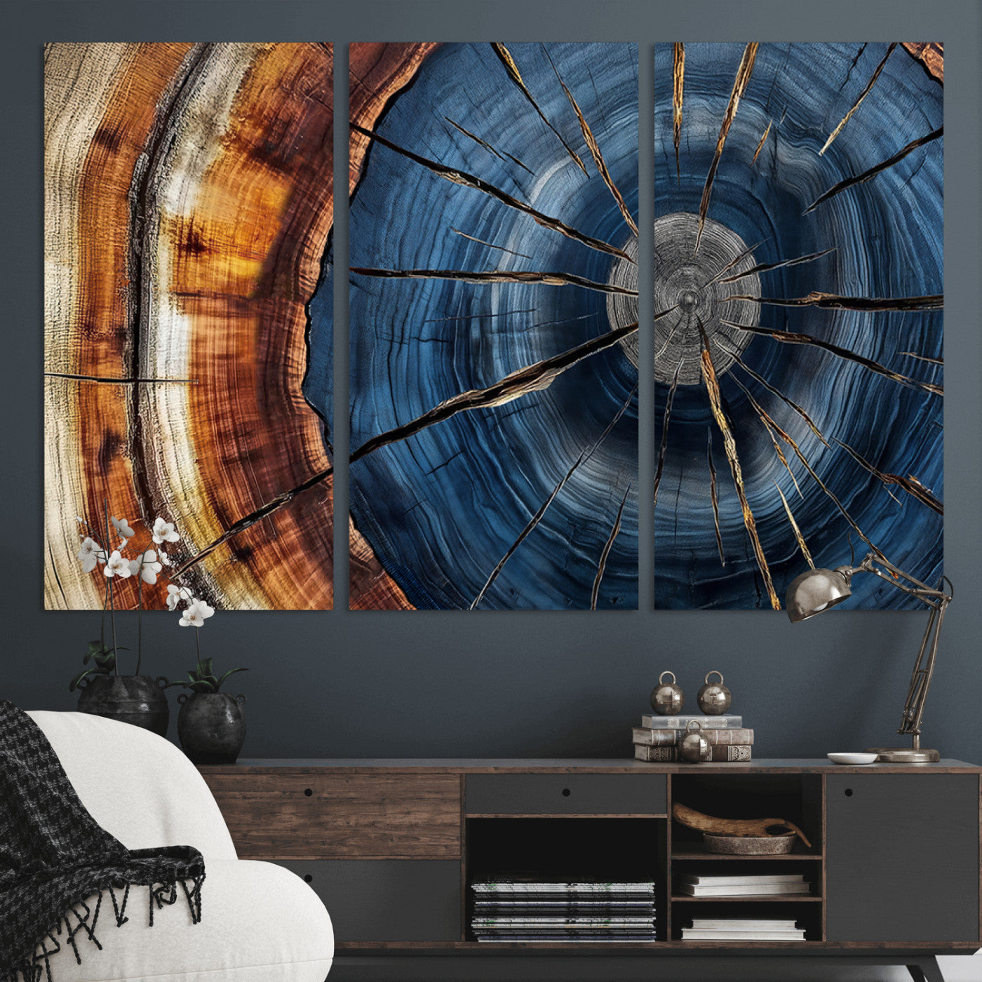 MGV-CV-48X32-3P - Framed Abstract Tree Ring Wall Art Print, Natural Rustic Wood Texture Canvas Print, Wood Tree Stump