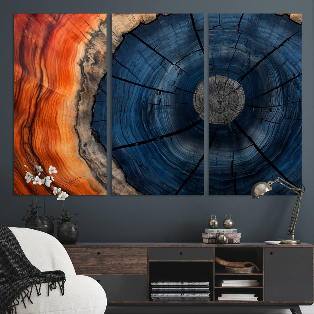 Abstract Tree Rings Canvas Print with vibrant colors—ideal farmhouse wall art for a woodland-themed home.