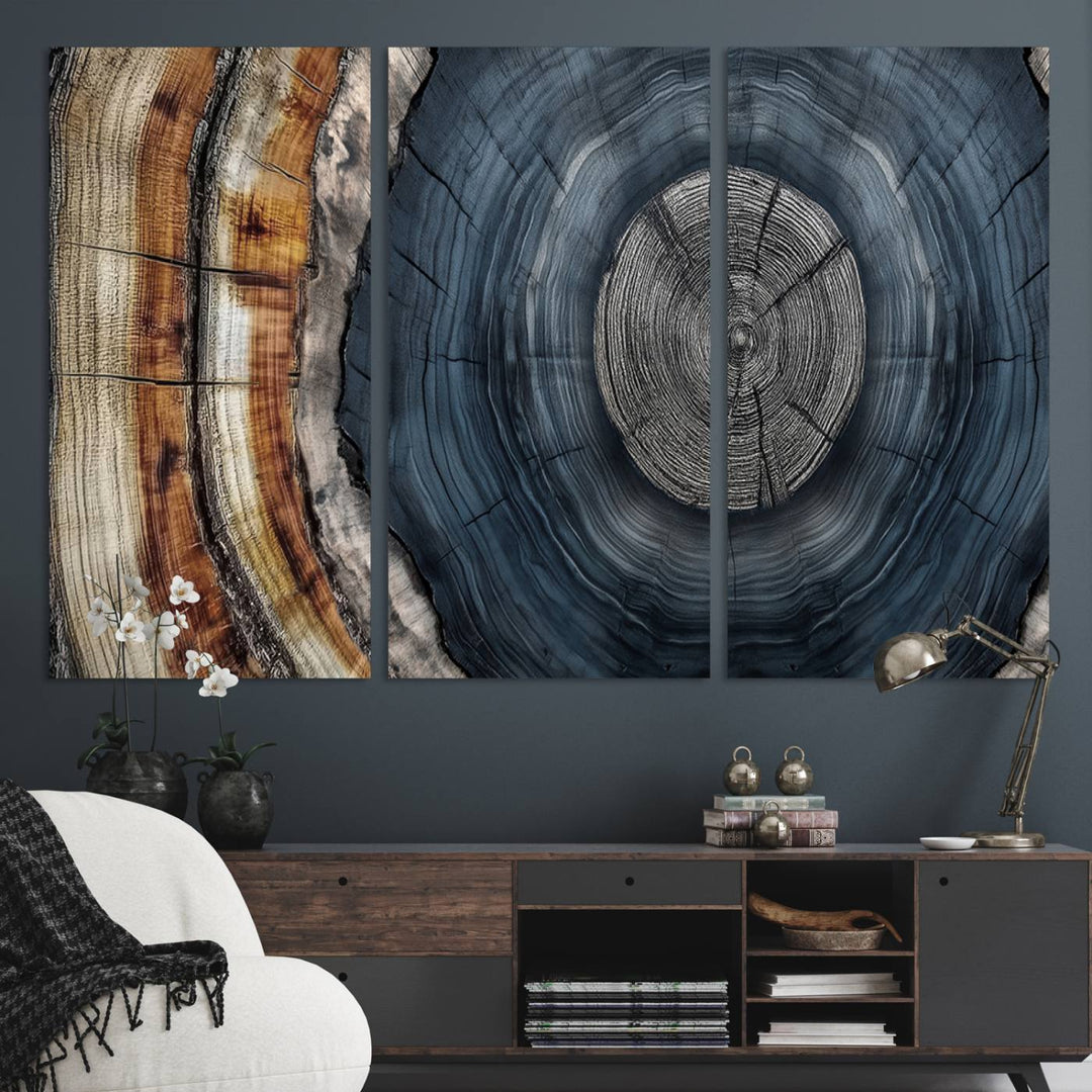 Close-up of the Abstract Tree Rings Wall Art Print featuring shades of blue, brown, and gray.