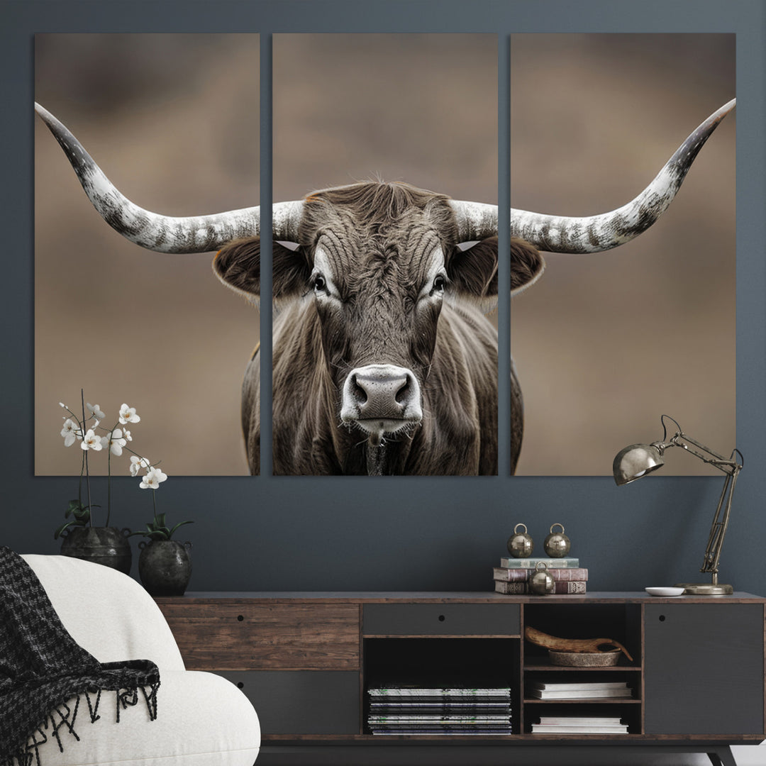 The Framed Texas Longhorn Bull Art Canvas Print adds timeless elegance to the serene setting.