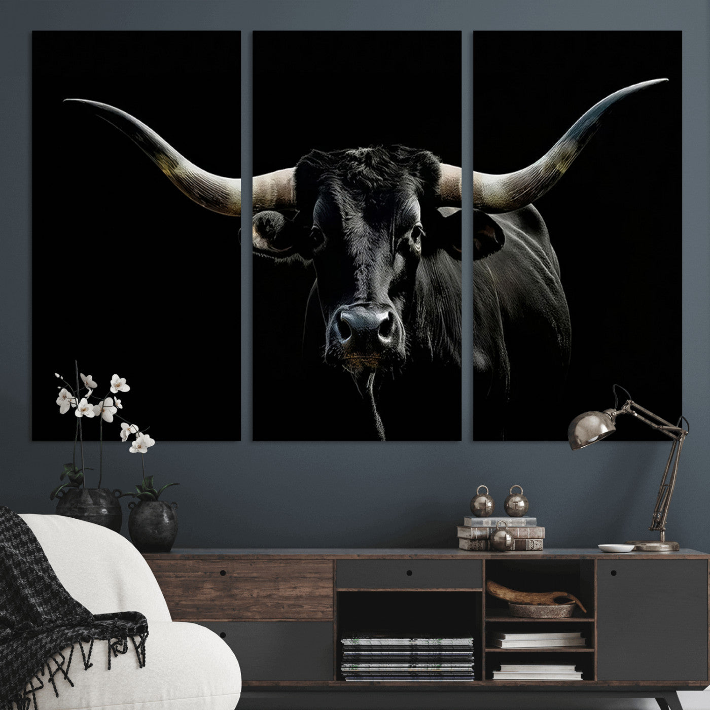 MGV-CV-48X32-3P - Texas Black Bull Wall Art Print, Longhorn Bull Canvas Wall Art