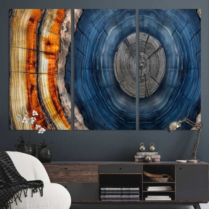 Vibrant Abstract Tree Rings in Orange, Brown, and Blue - Canvas Print for Nature Woodland Wall Decor.