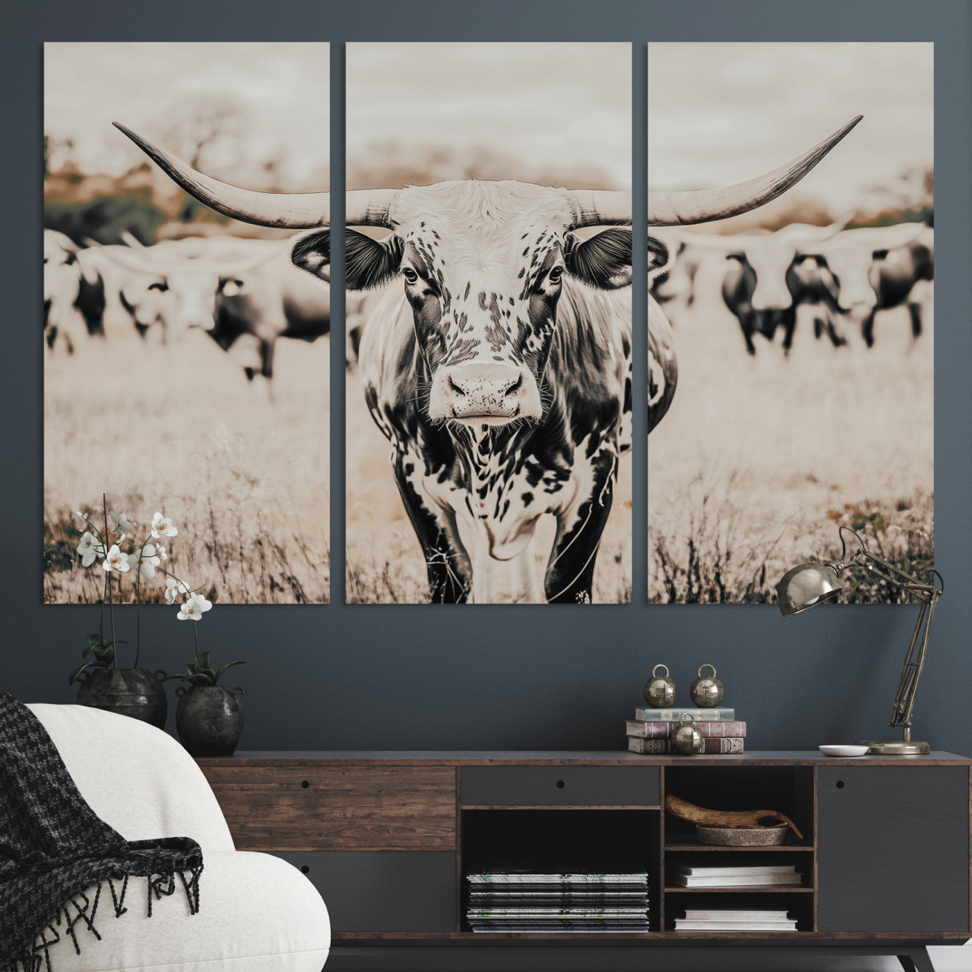 Texas Longhorn Wall Art Canvas Print, Framed Speckled Cow Art Picture Print, Horned Cattle Perfect Rustic Western Decor Artwork