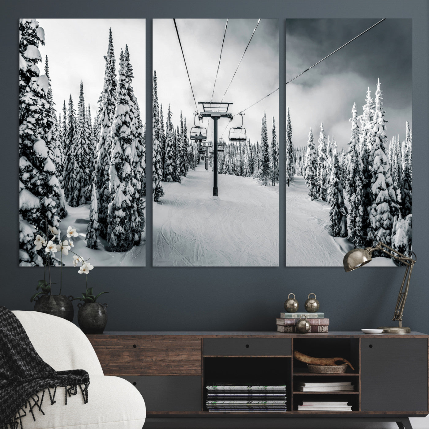 31156828-MGV-CV-36X24-Snowy Pines Wall Art Canvas Print, Framed Ski Lift Art Picture Print, Winter Forest Perfect Moody Lodge Decor, Ski Lift Wall Art Canvas