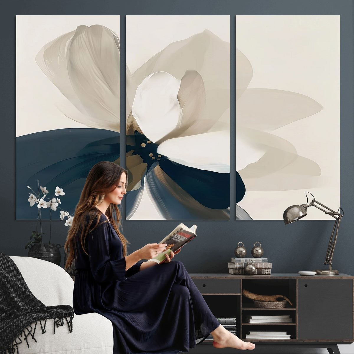 42188901-MGV-CV-24X16 - Minimal Flower Wall Art Canvas Print | Framed Beige and Navy Bloom