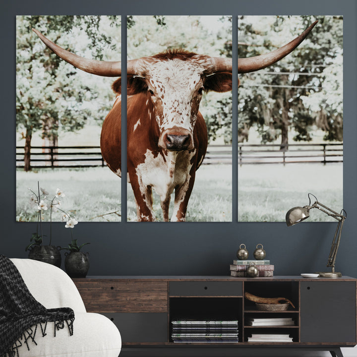 Texas Longhorn Wall Art Canvas Print, Framed Spotted Cow Art Picture Print, Horned Cattle Perfect Rustic Western Decor, Framed Horned Cattle Print