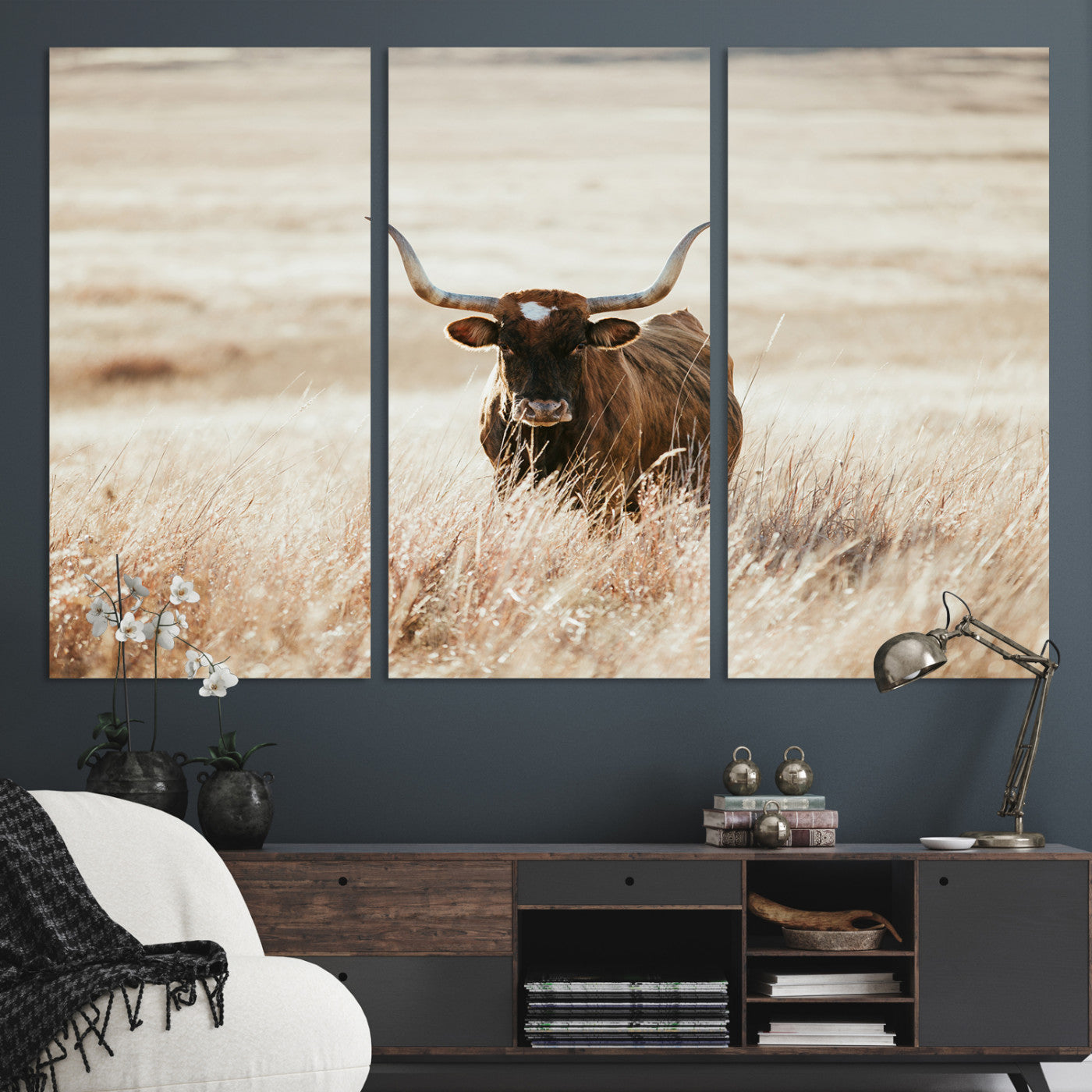 15937933-MGV-CV-36X24-Texas Longhorn Wall Art Canvas Print, Framed Brown Cattle Art Picture Print, Horned Bull Perfect Rustic Western Decor Artwork