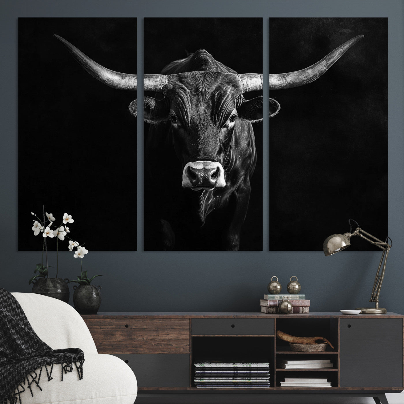 42077175-MGV-CV-36X24-Texas Longhorn Wall Art Canvas Print, Framed Monochrome Bull Art Picture Print, Horned Bull Perfect Rustic Western Decor Artwork