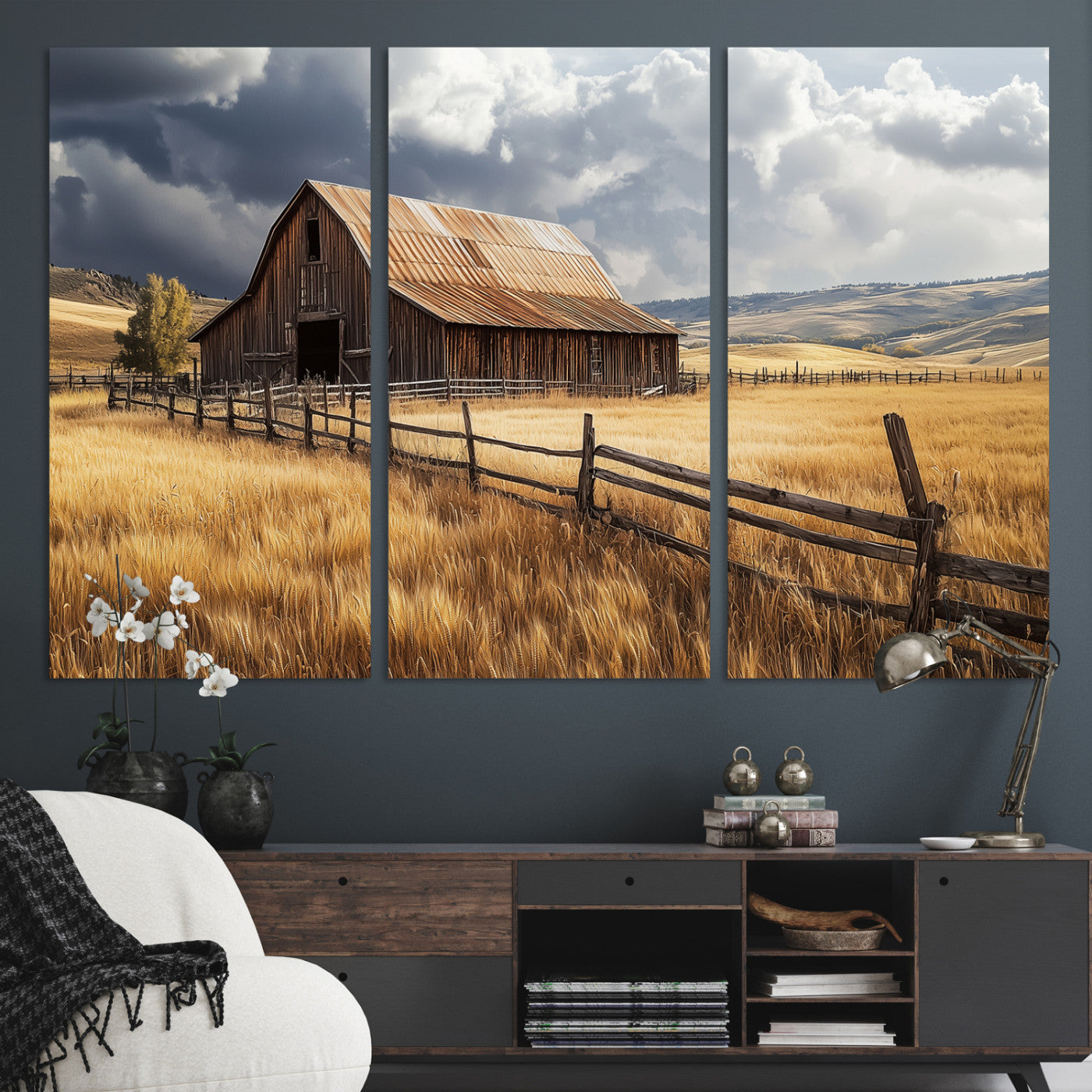 38758826-MGV-CV-36X24-Rustic Barn Wall Art Canvas Print, Framed Moody Barn Art Picture Print, Golden Field Perfect Rustic Farmhouse Decor