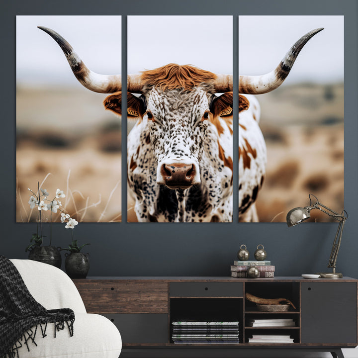Texas Longhorn Wall Art Canvas Print, Framed Spotted Cow Art Picture Print, Horned Cattle Perfect Rustic Western Decor Artwork