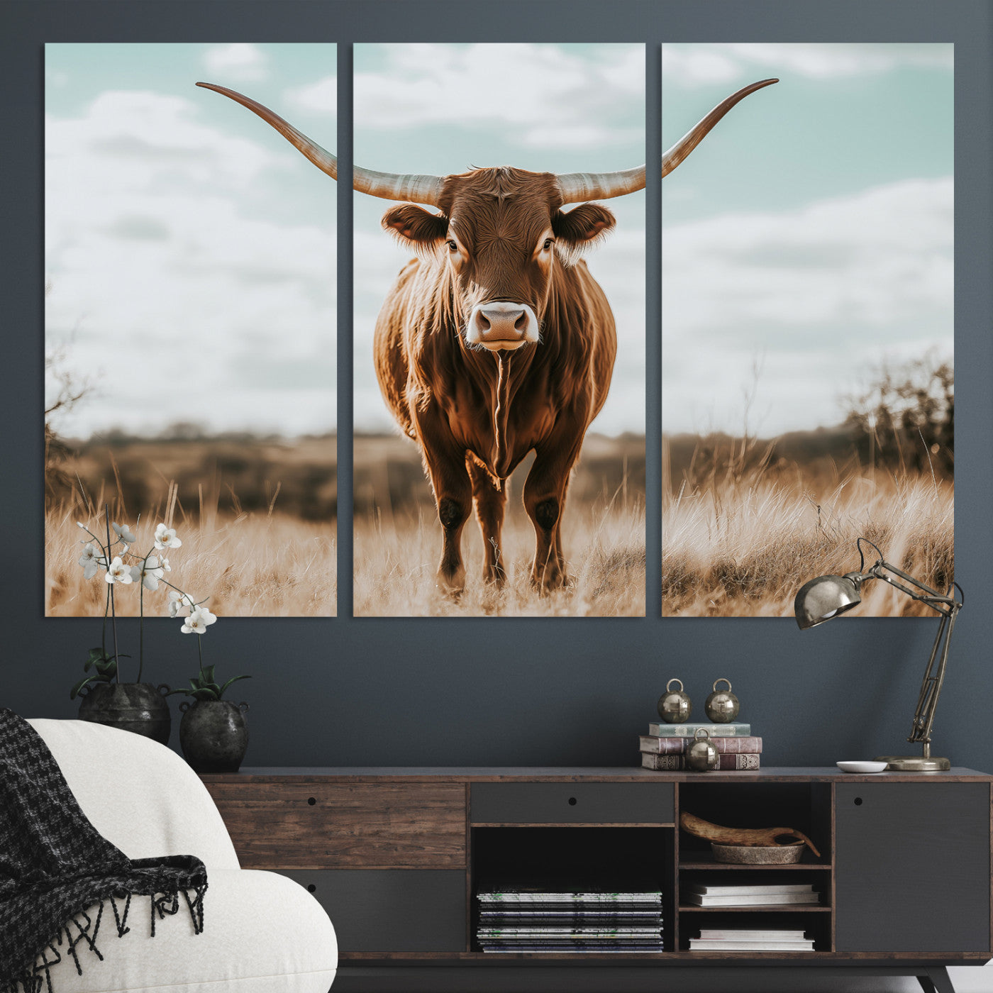 Texas Longhorn standing in a golden prairie under soft skies, ideal for rustic or western-style decor with warm natural tones.