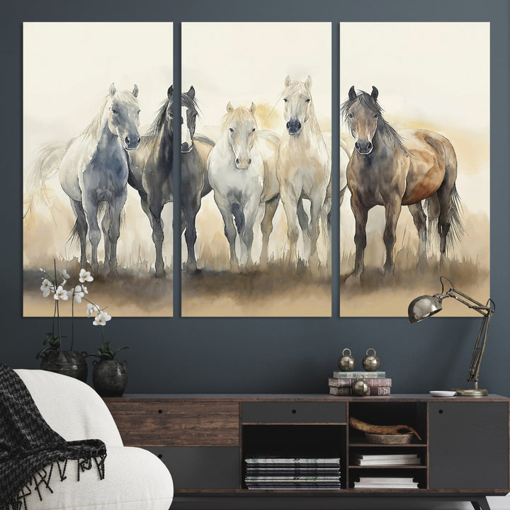 Wild Horses Wall Art Canvas Print, Framed Running Horses Art Picture Print, Watercolor Horses Perfect Rustic Western Decor