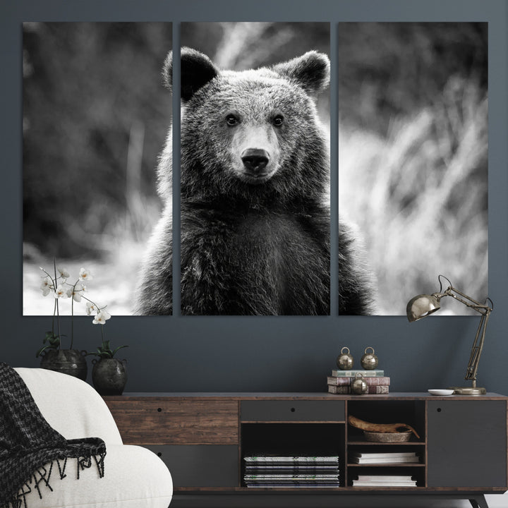 Grizzly Bear Wall Art Canvas Print, Framed Black White Bear Art Picture Print, Wild Bear Perfect Rustic Wildlife Decor