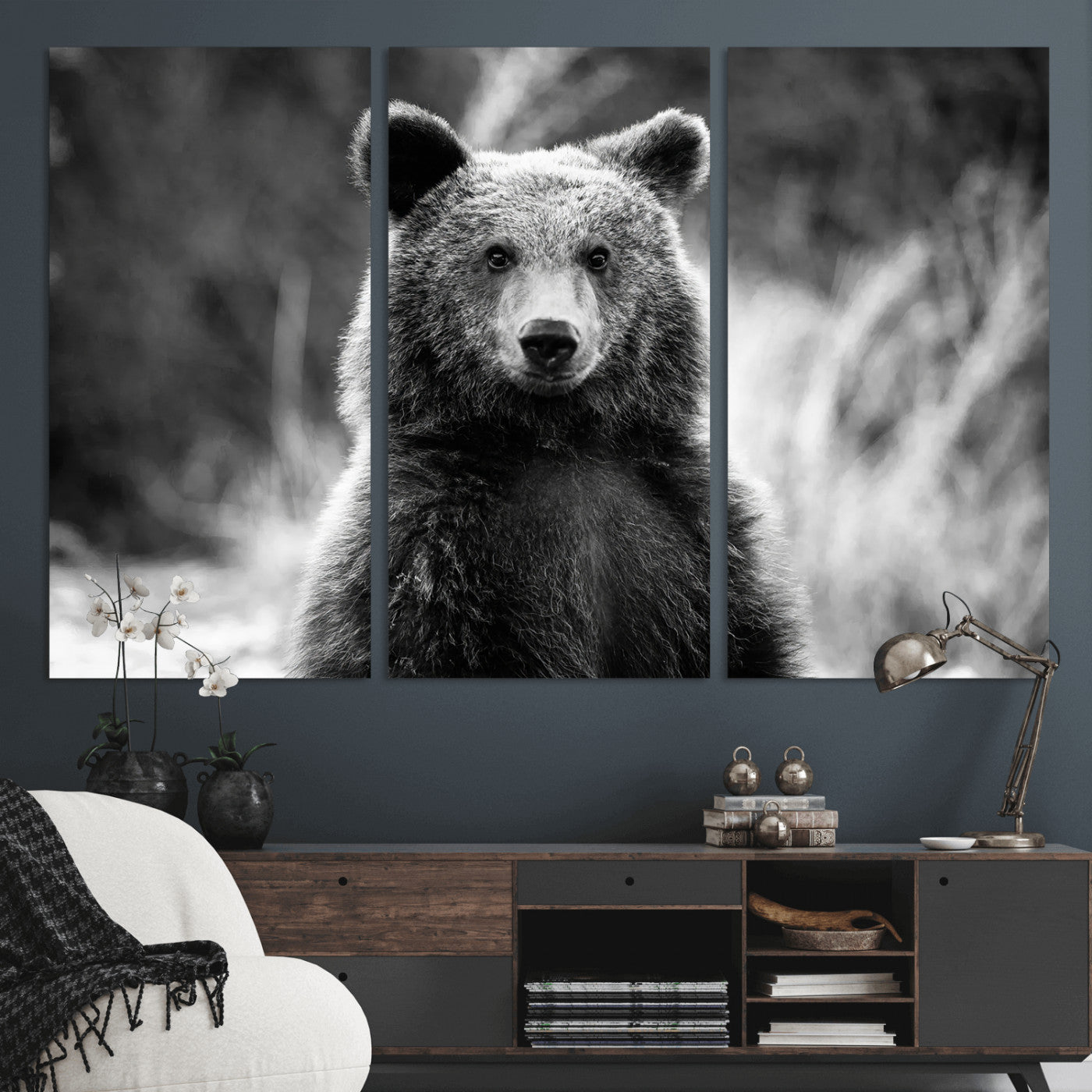 55656803-MGV-CV-36X24-Grizzly Bear Wall Art Canvas Print – Framed Black White Wildlife Rustic Nature Artwork for Home, Office Decor